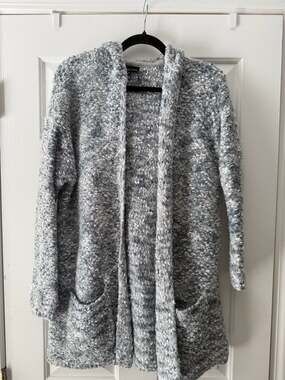 Metric Knits Open Front Hooded Cardigan Size M Blue White Marled Fuzzy